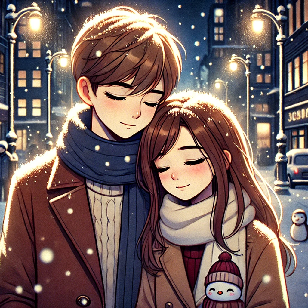 DALL·E 2024-08-29 21.39.54 - A nighttime city street covered in snow, where a couple is standing close to each other with their eyes closed. The girl has long hair, and the boy ha