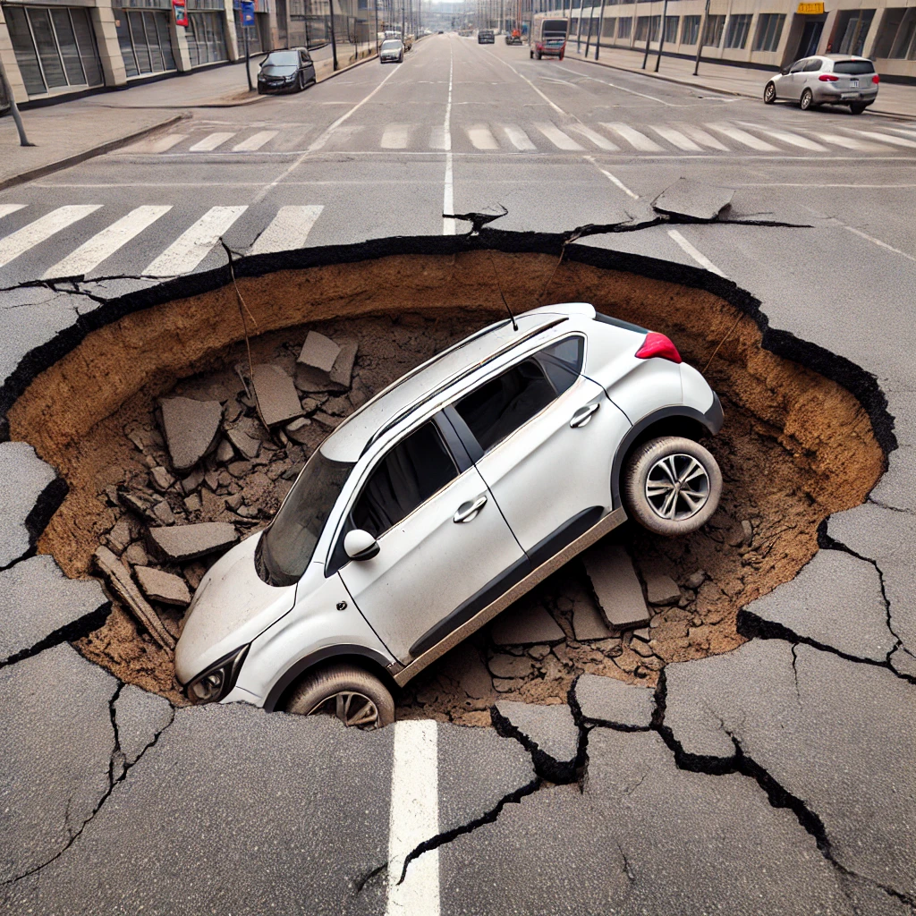 DALL·E 2024-08-29 22.02.55 - A large sinkhole in an urban area has caused a car to fall in. The car, a white compact SUV, is partially submerged in the sinkhole, with the front en