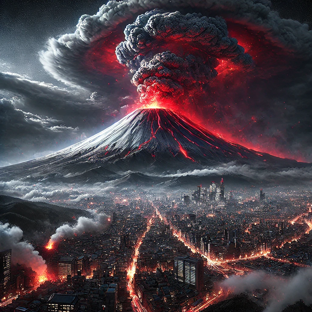 DALL·E 2024-09-07 11.41.27 - A highly realistic depiction of Mount Fuji erupting with a massive ash cloud billowing into the sky. The volcano's distinct symmetrical cone shape is