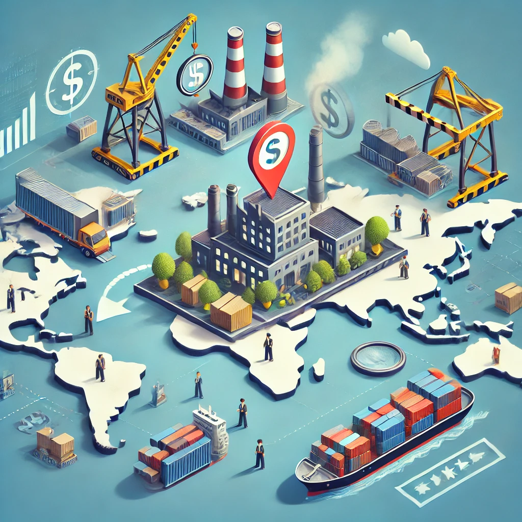 리쇼어링 챗GPT 무료 이미지 생성, DALL·E 2024-09-01 15.44.19 - An image illustrating the concept of 'reshoring' in a global business context. The scene shows a modern factory being moved from a foreign country bac